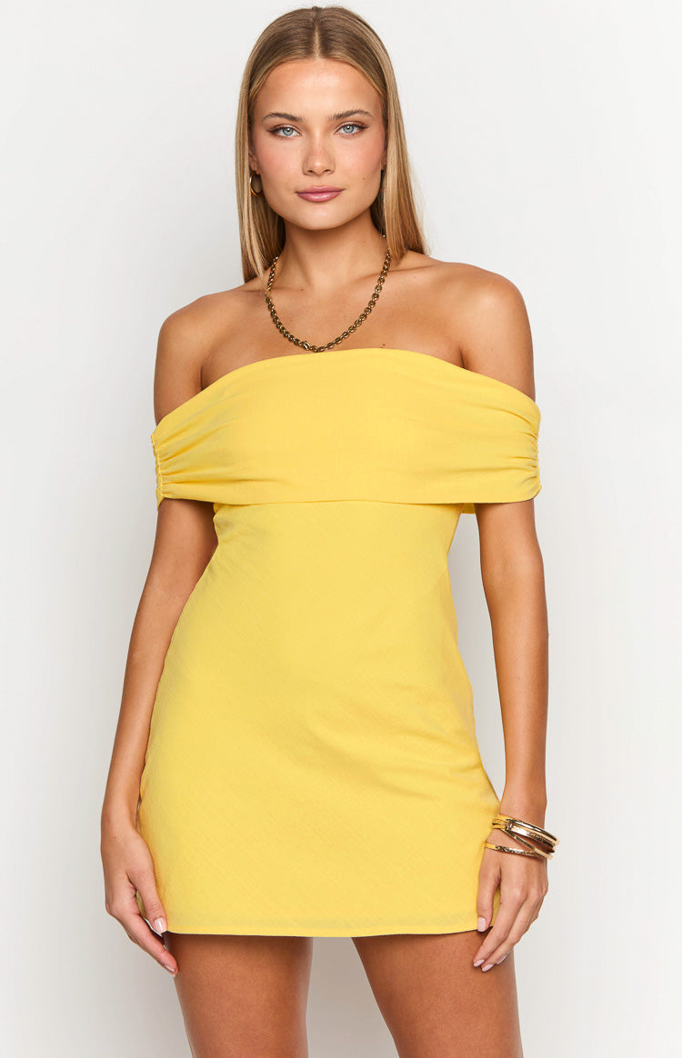 Primrose Sarı Askısız Mini Elbise