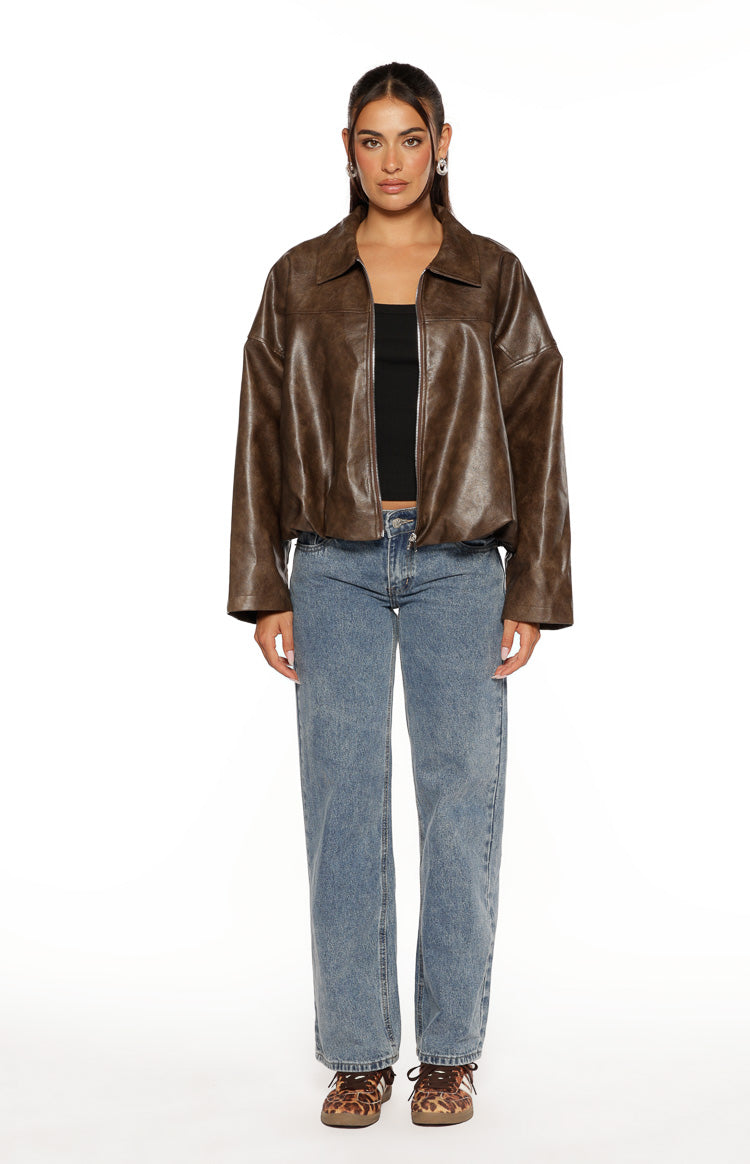 Nehir Vintage Kahverengi PU Kabarcık Kenar Bomber Ceket