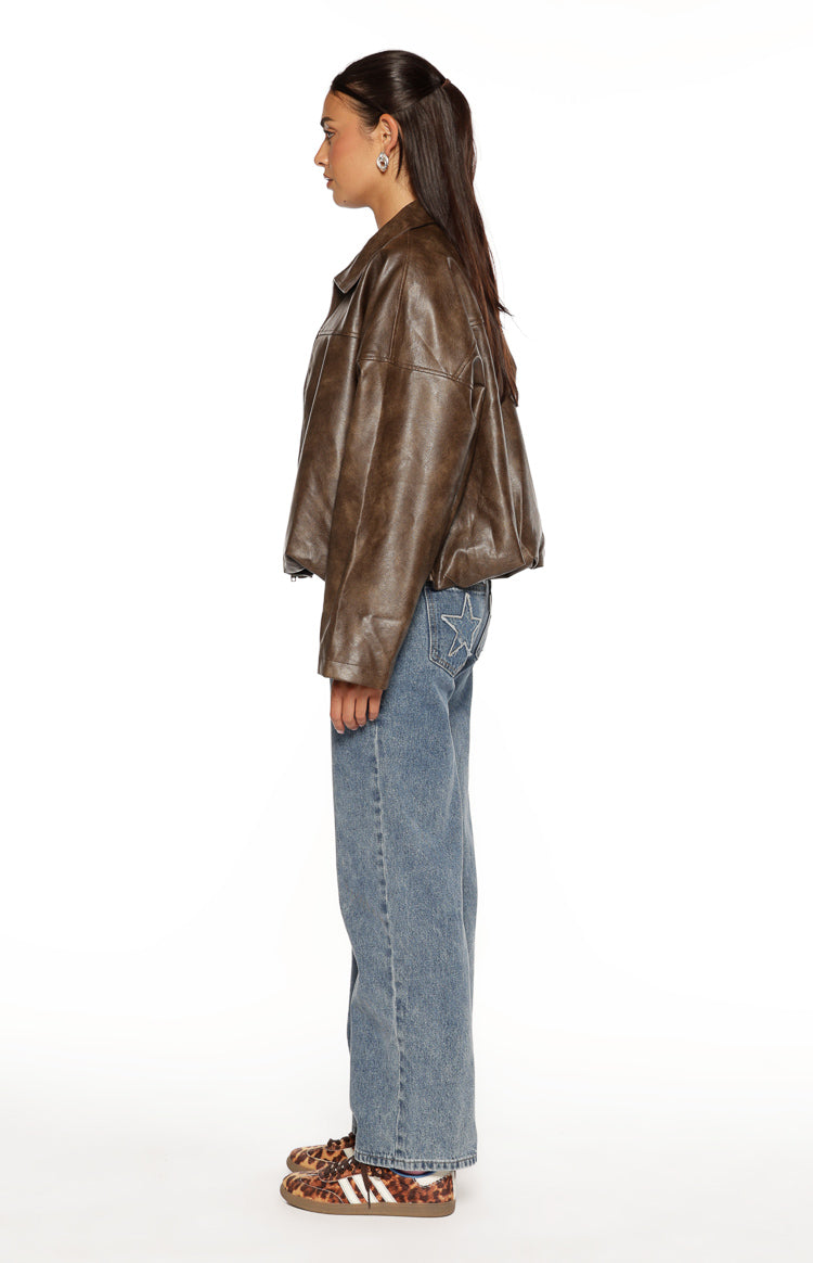 Nehir Vintage Kahverengi PU Kabarcık Kenar Bomber Ceket