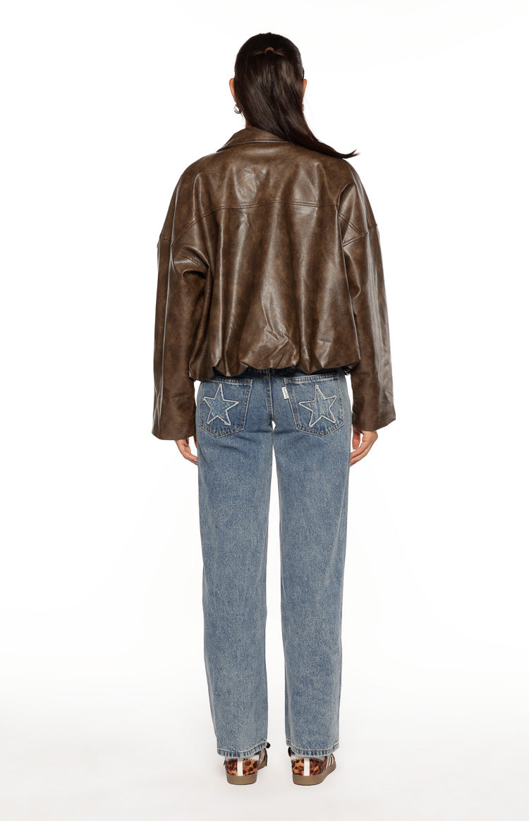 Nehir Vintage Kahverengi PU Kabarcık Kenar Bomber Ceket
