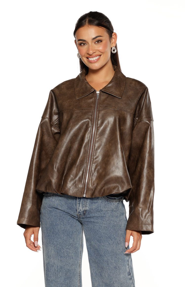 Nehir Vintage Kahverengi PU Kabarcık Kenar Bomber Ceket