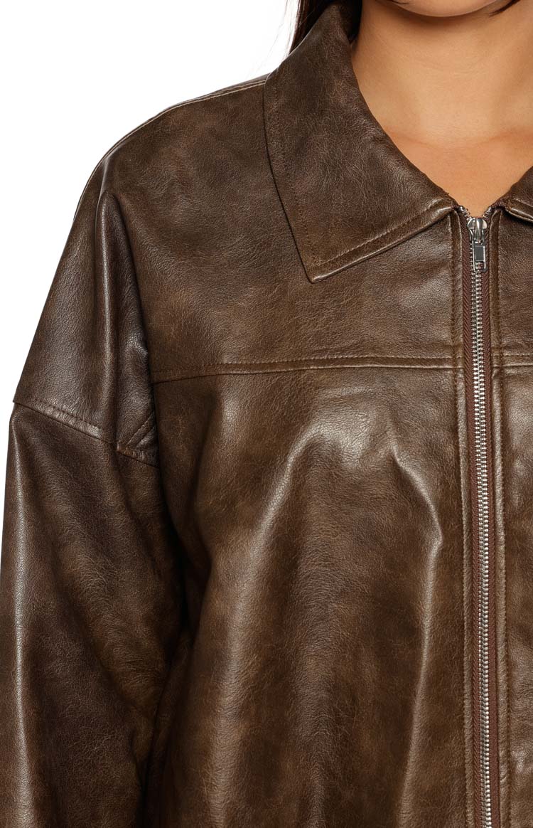 Nehir Vintage Kahverengi PU Kabarcık Kenar Bomber Ceket