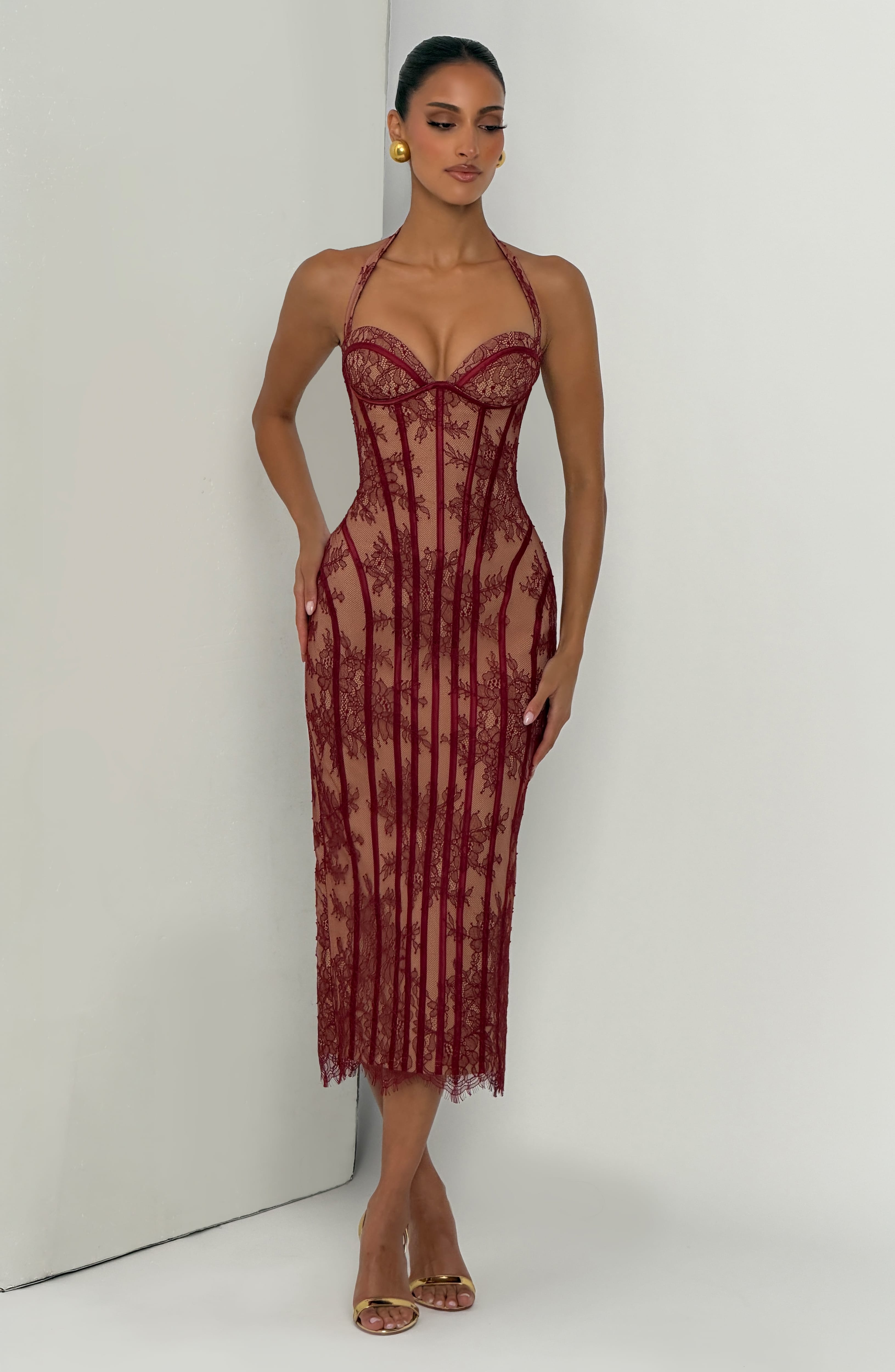Rona Bordo Midi Elbise