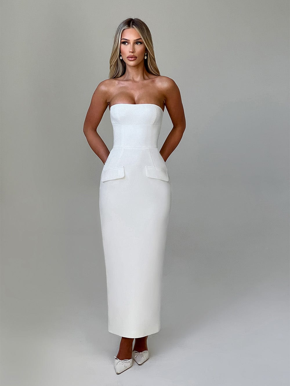 Roxanne Midi Ekru Elbise