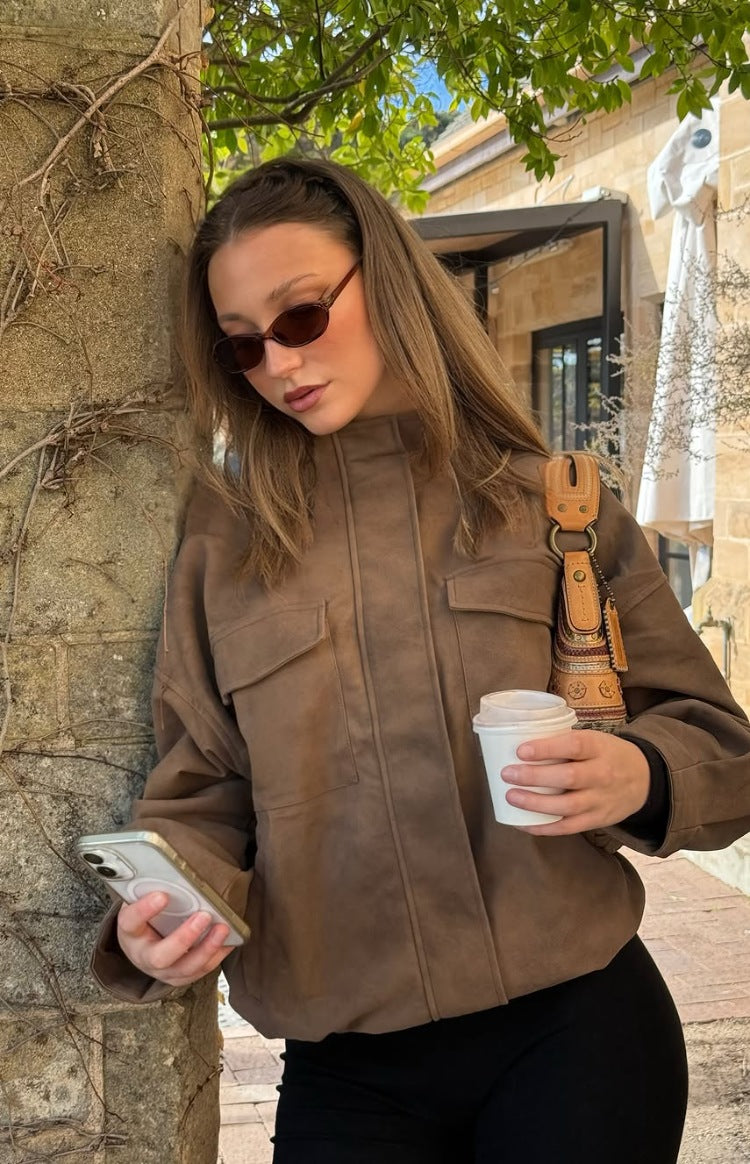 Sapna Kahverengi Oversized Funnel Neck Süet Ceket