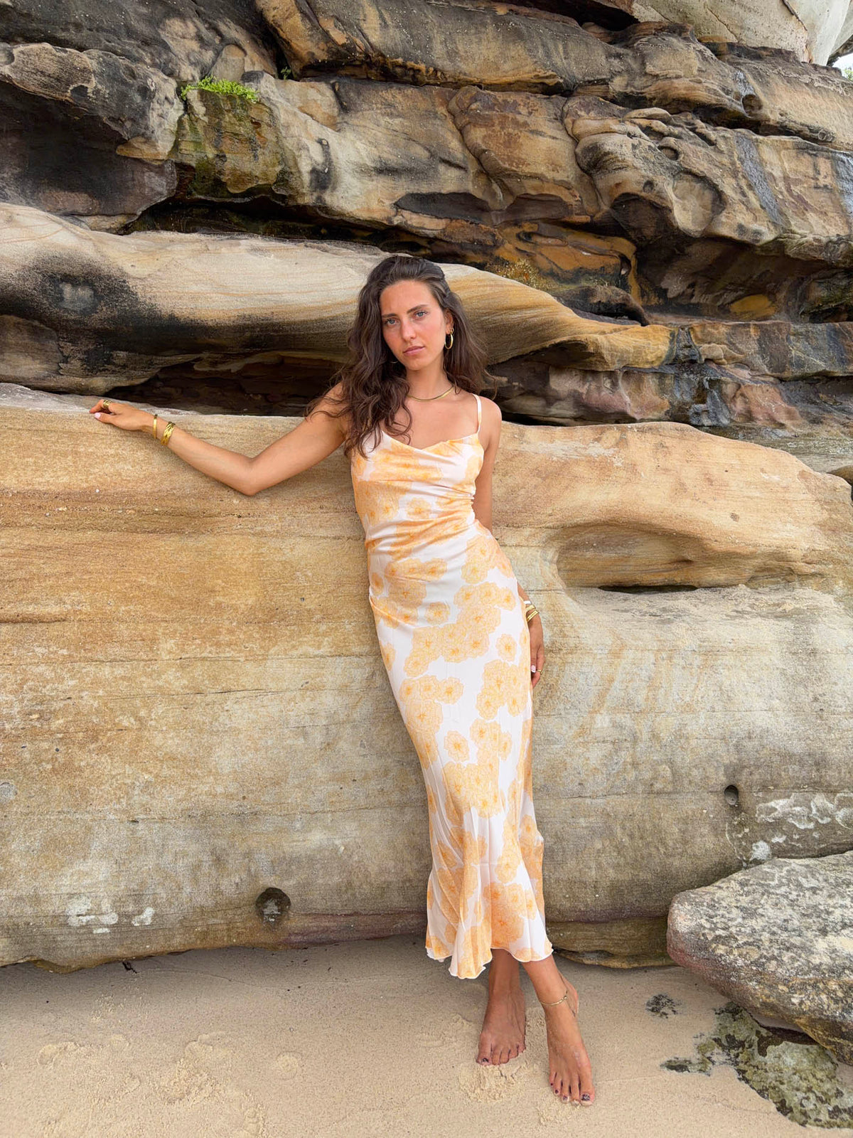Charline Saten Elbise - Beyaz-Turuncu