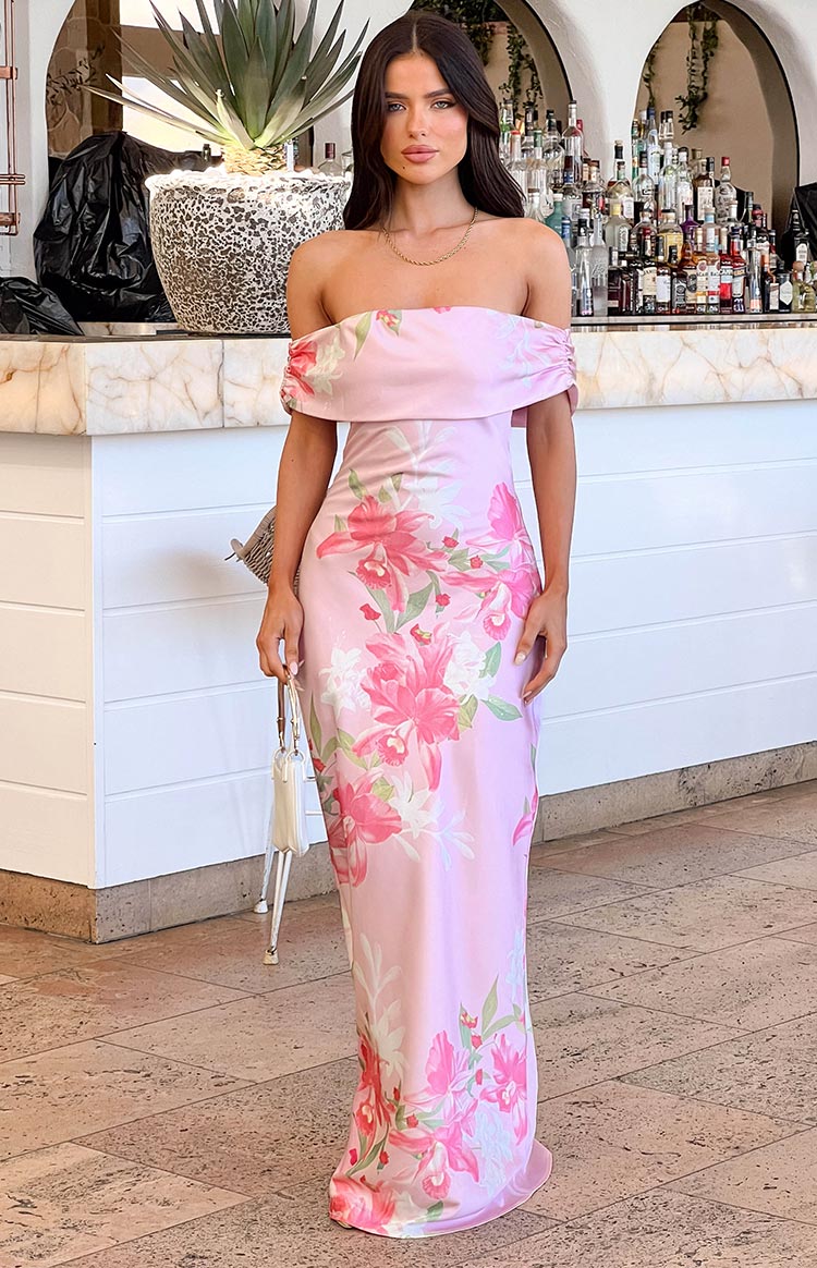 Seraphina Pembe Çiçekli Off-Shoulder Uzun Elbise