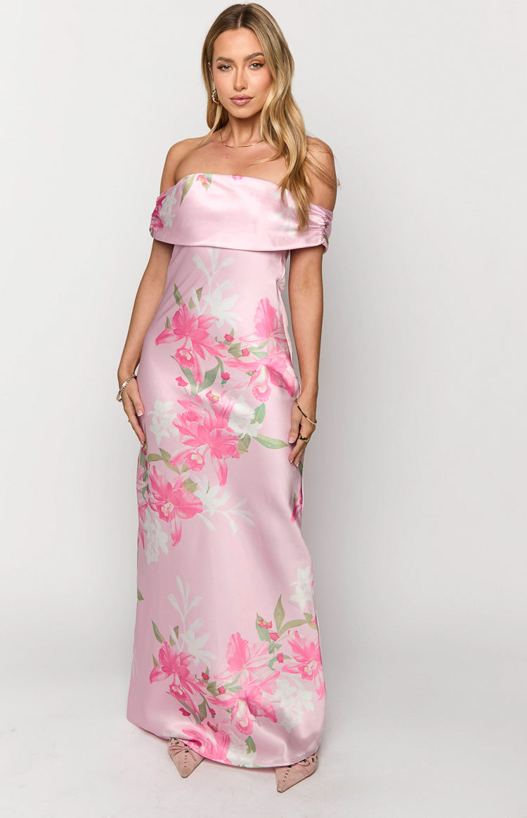 Seraphina Pembe Çiçekli Off-Shoulder Uzun Elbise