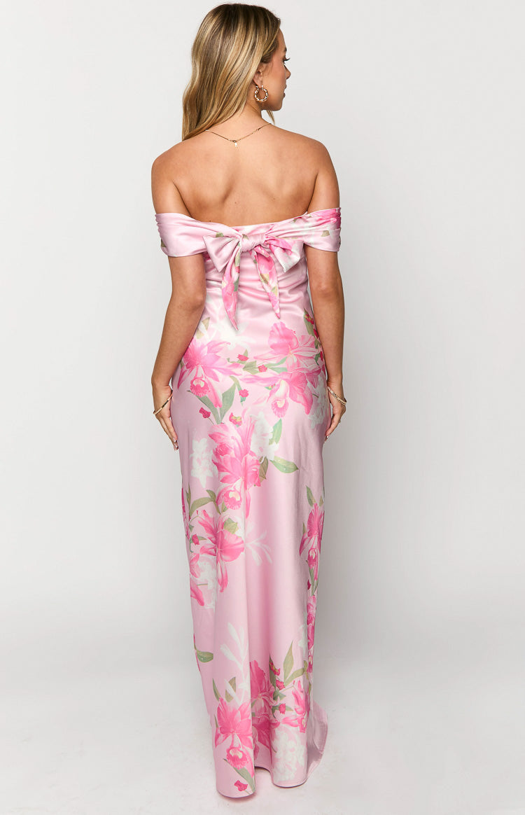Seraphina Pembe Çiçekli Off-Shoulder Uzun Elbise