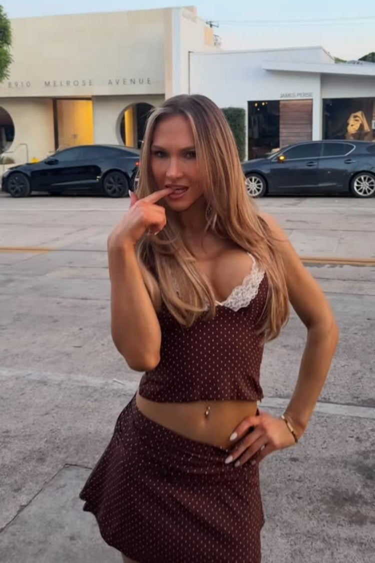 Briony Kahverengi Puantiye Desenli Şık Mini Etek