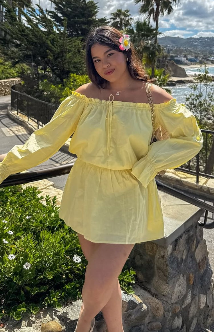 Bode Sarı Bardot Mini Elbise - Şık ve Rahat Yaz Modası