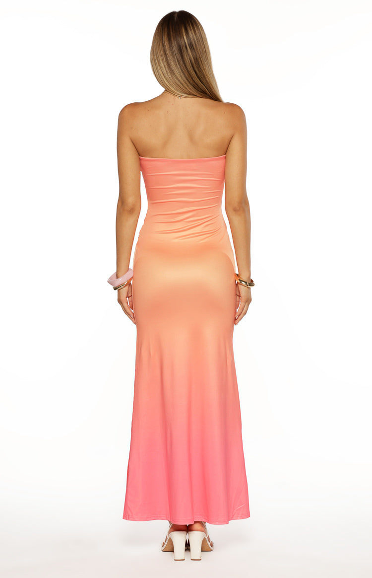 Summa Pembe Ombre Hibiskus Askısız Maxi Elbise