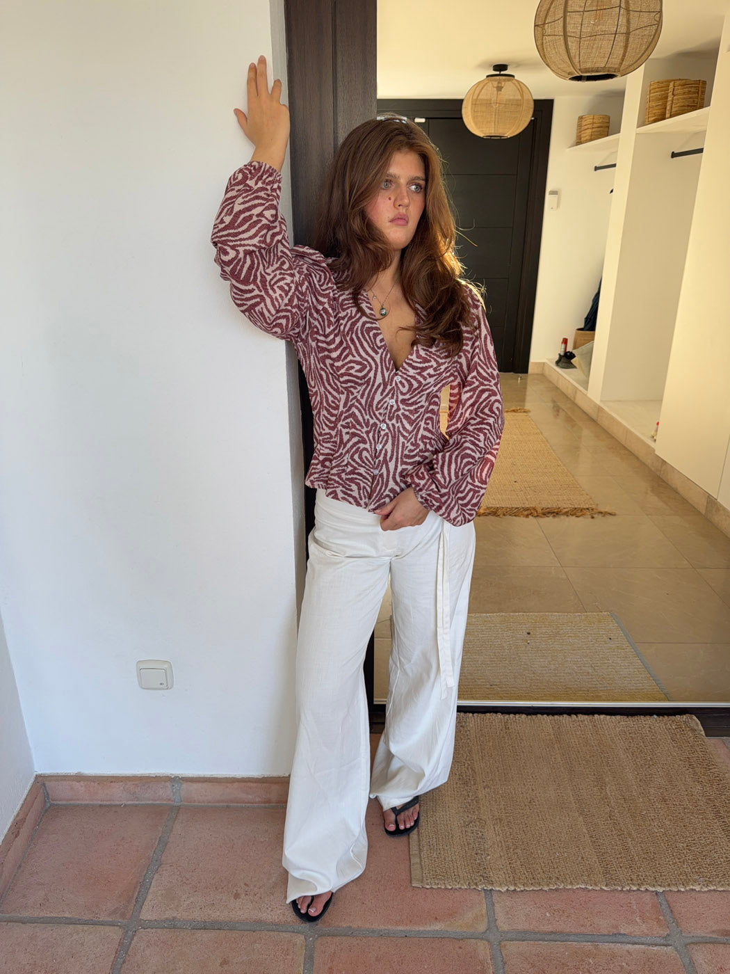 Alissa Desenli Bluz - Kırmızı-Beyaz