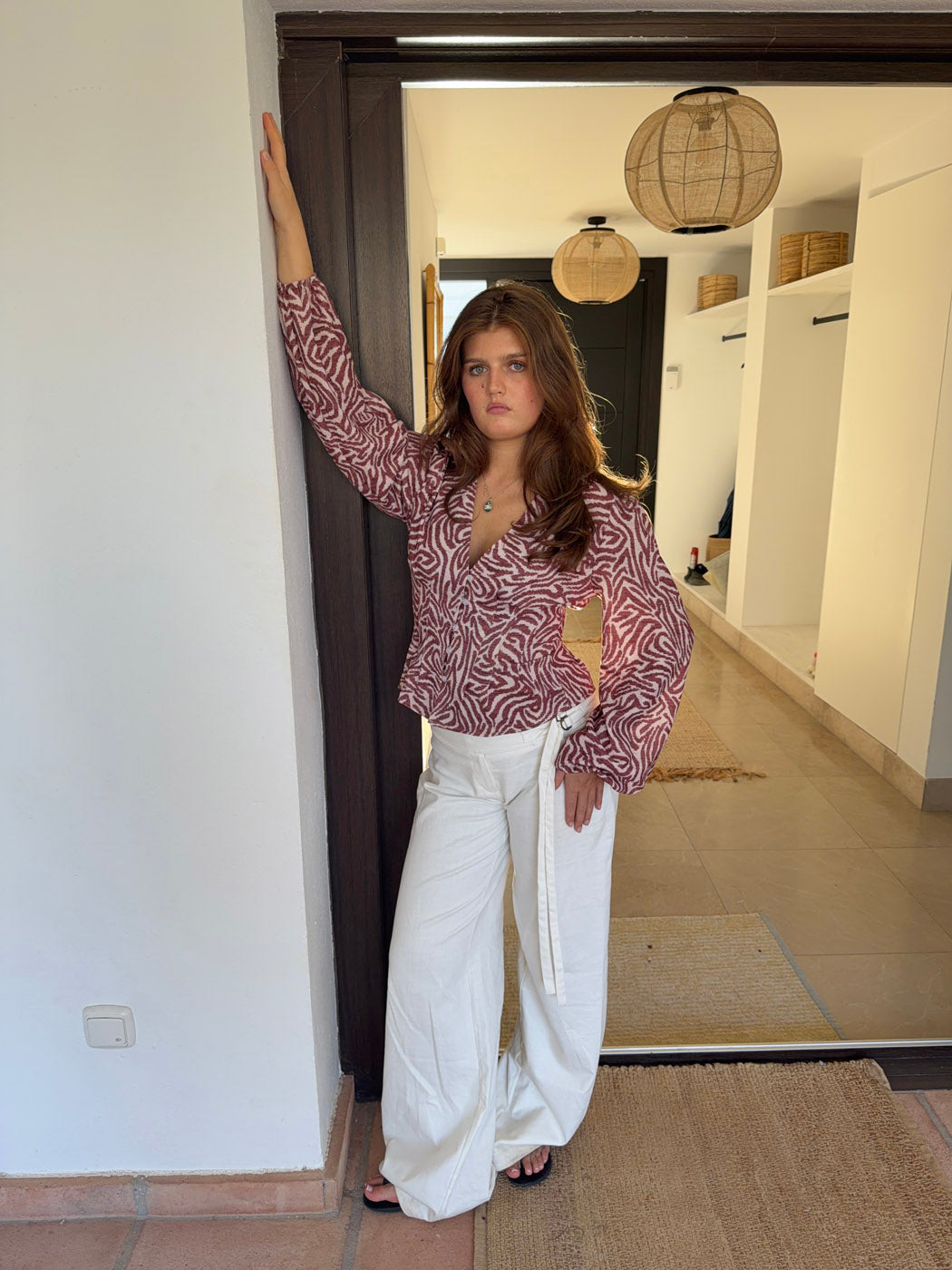 Alissa Desenli Bluz - Kırmızı-Beyaz