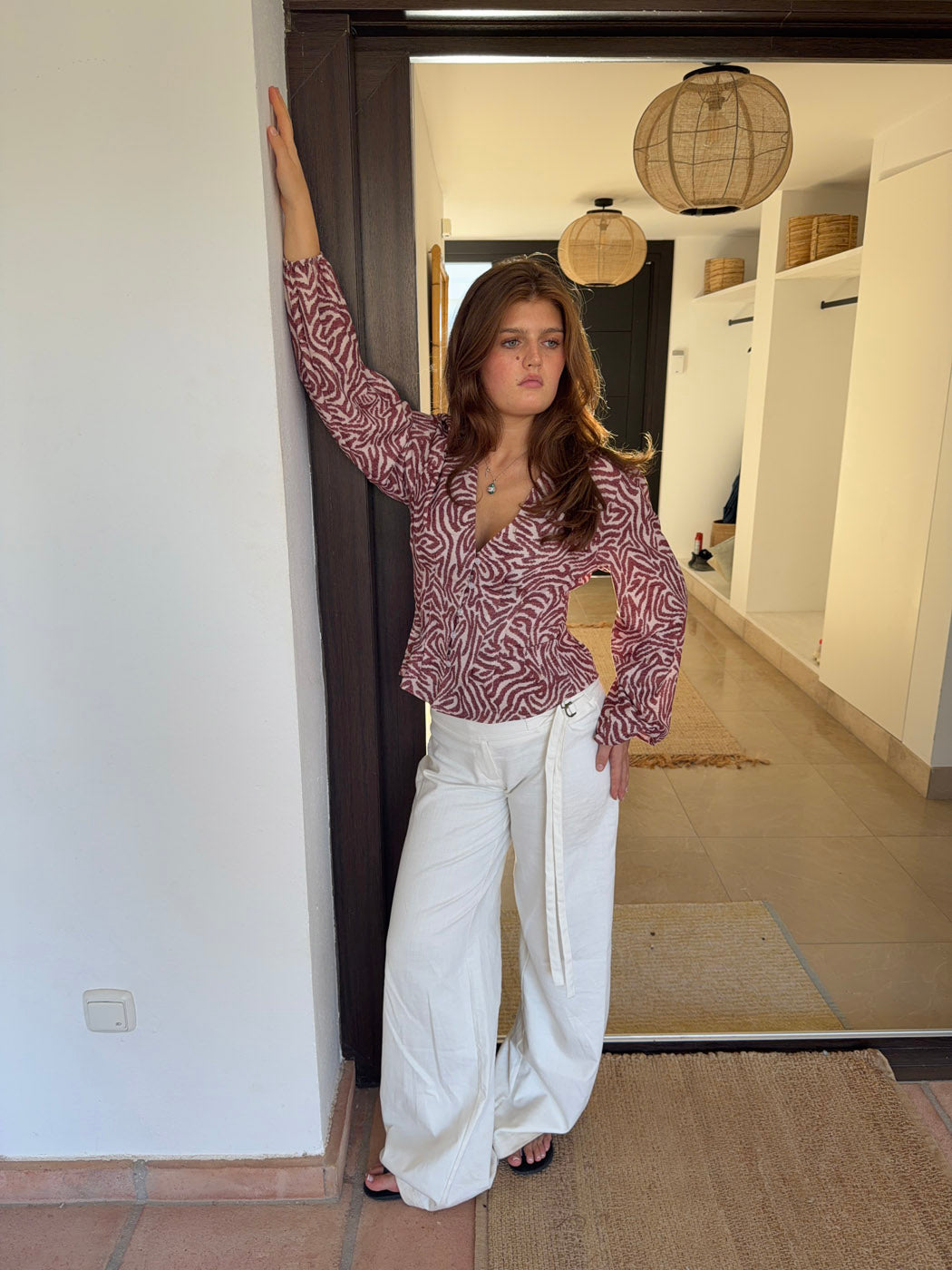 Alissa Desenli Bluz - Kırmızı-Beyaz