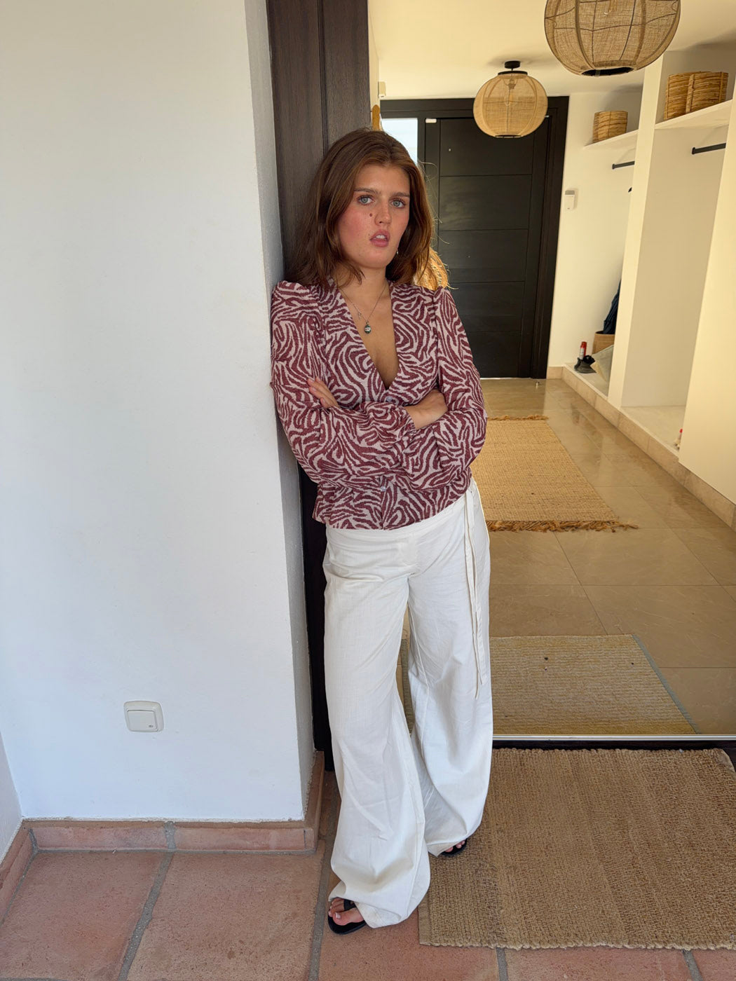 Alissa Desenli Bluz - Kırmızı-Beyaz