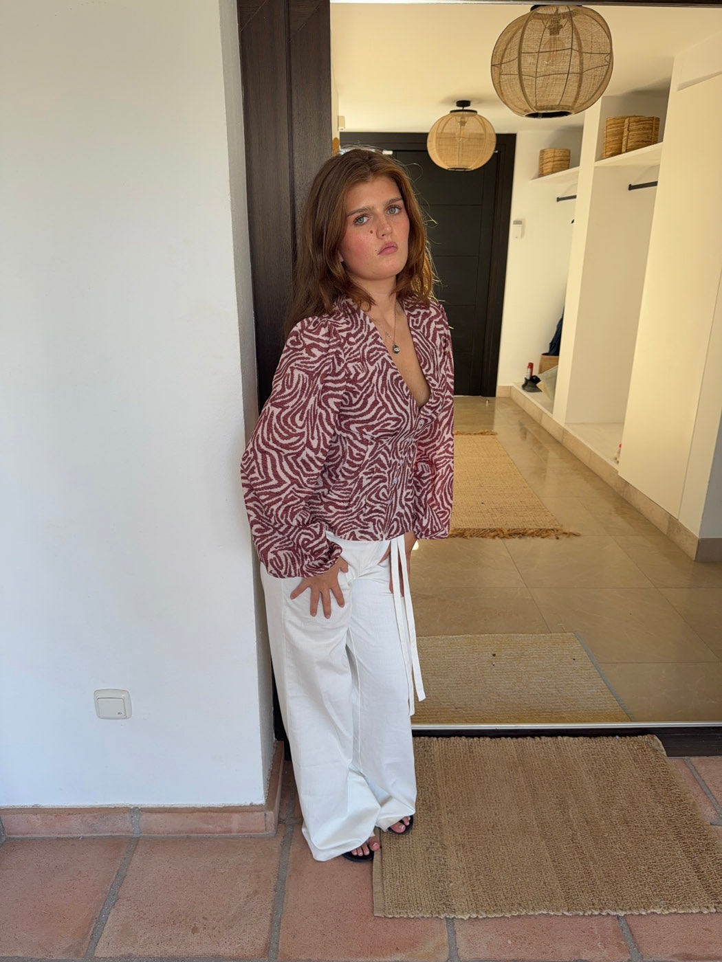 Alissa Desenli Bluz - Kırmızı-Beyaz