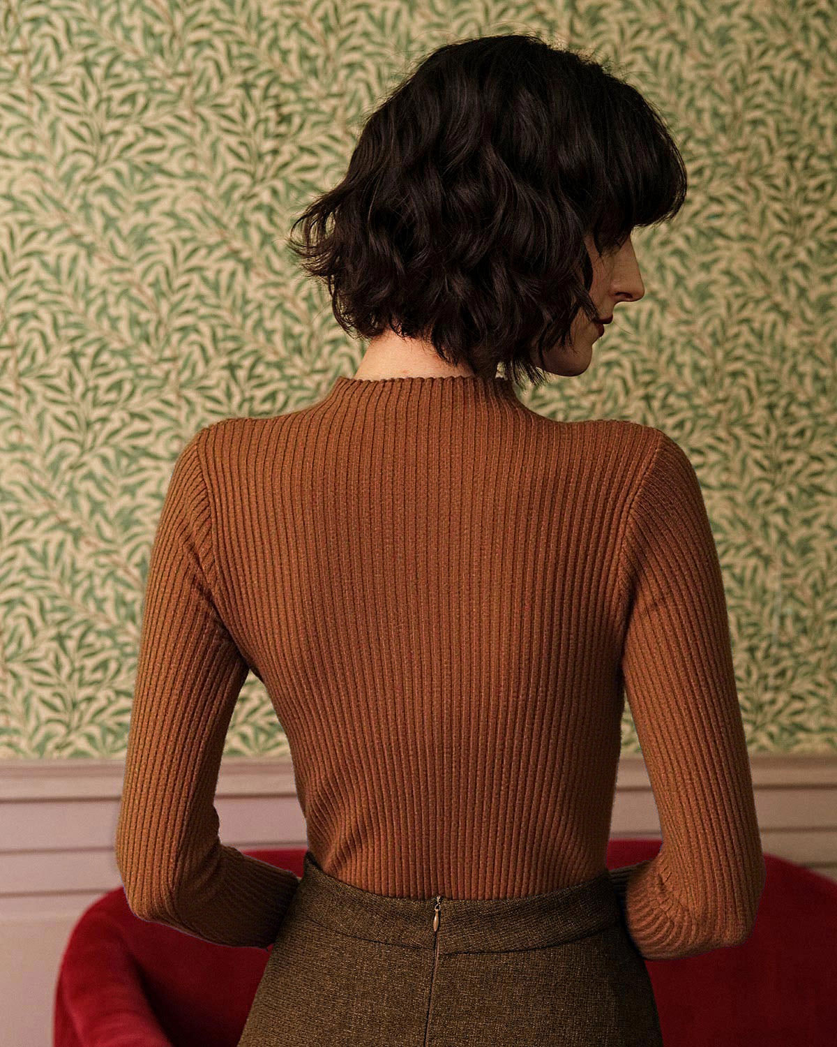 Karamel Mock Neck Ribana Triko Tişört