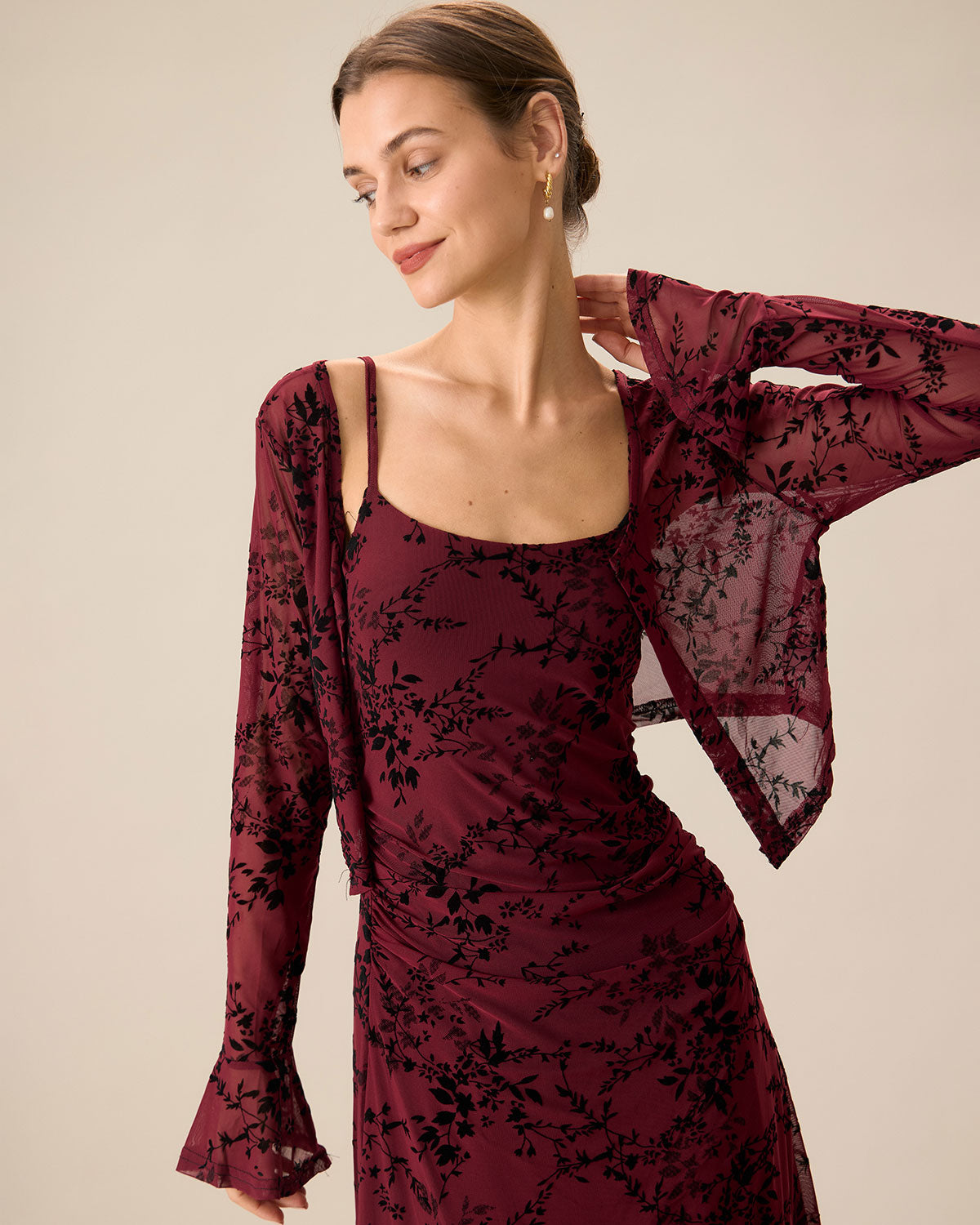 Kırmızı Çiçekli Bodycon Slip Midi Elbise (hırka dahildir)