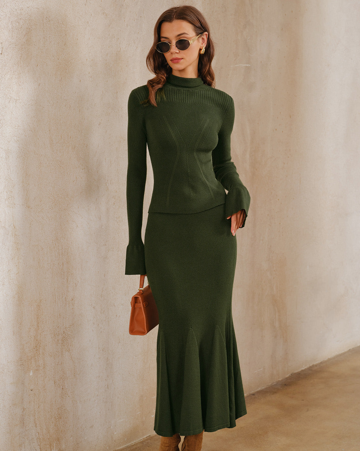 Yeşil Kaplumbağa Bell Sleeve Kazak