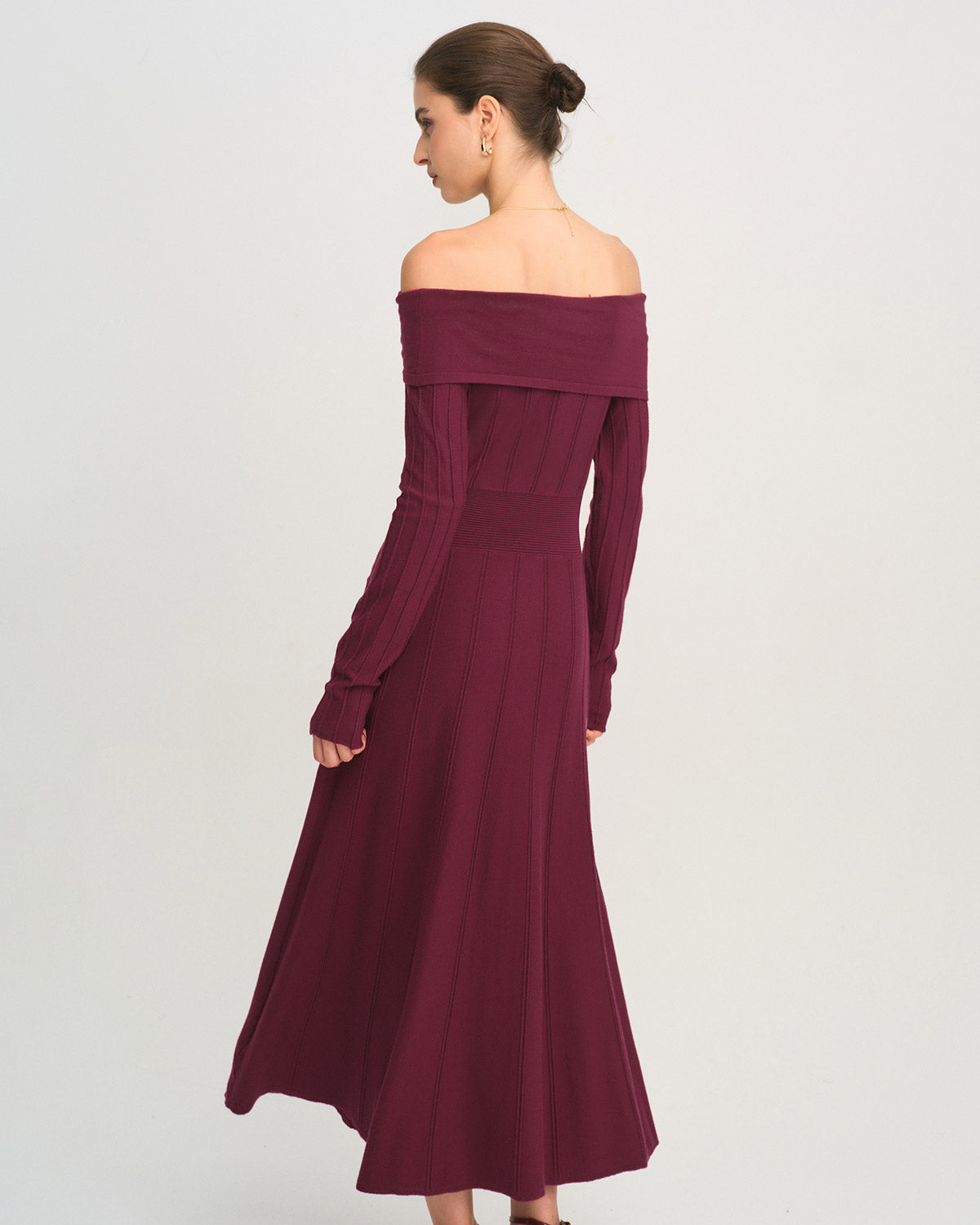 Şarap Kırmızısı Off The Shoulder Kazak Elbise