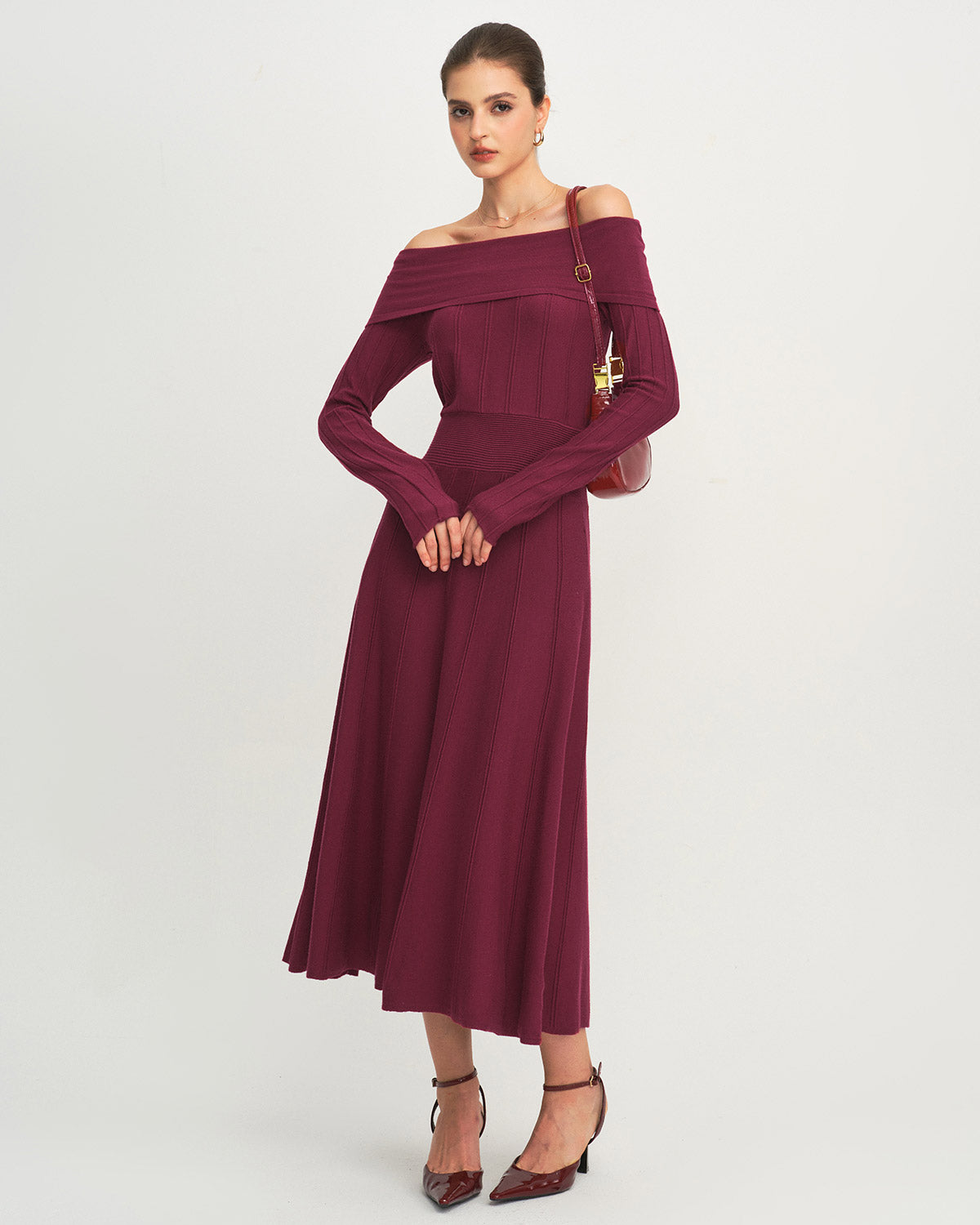 Şarap Kırmızısı Off The Shoulder Kazak Elbise