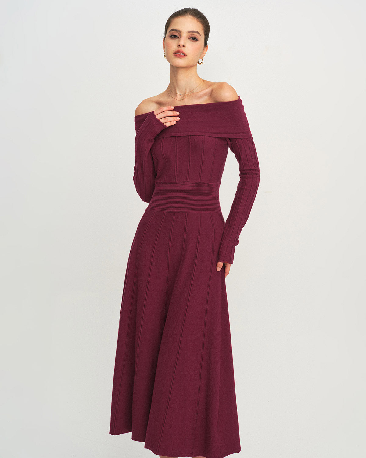 Şarap Kırmızısı Off The Shoulder Kazak Elbise