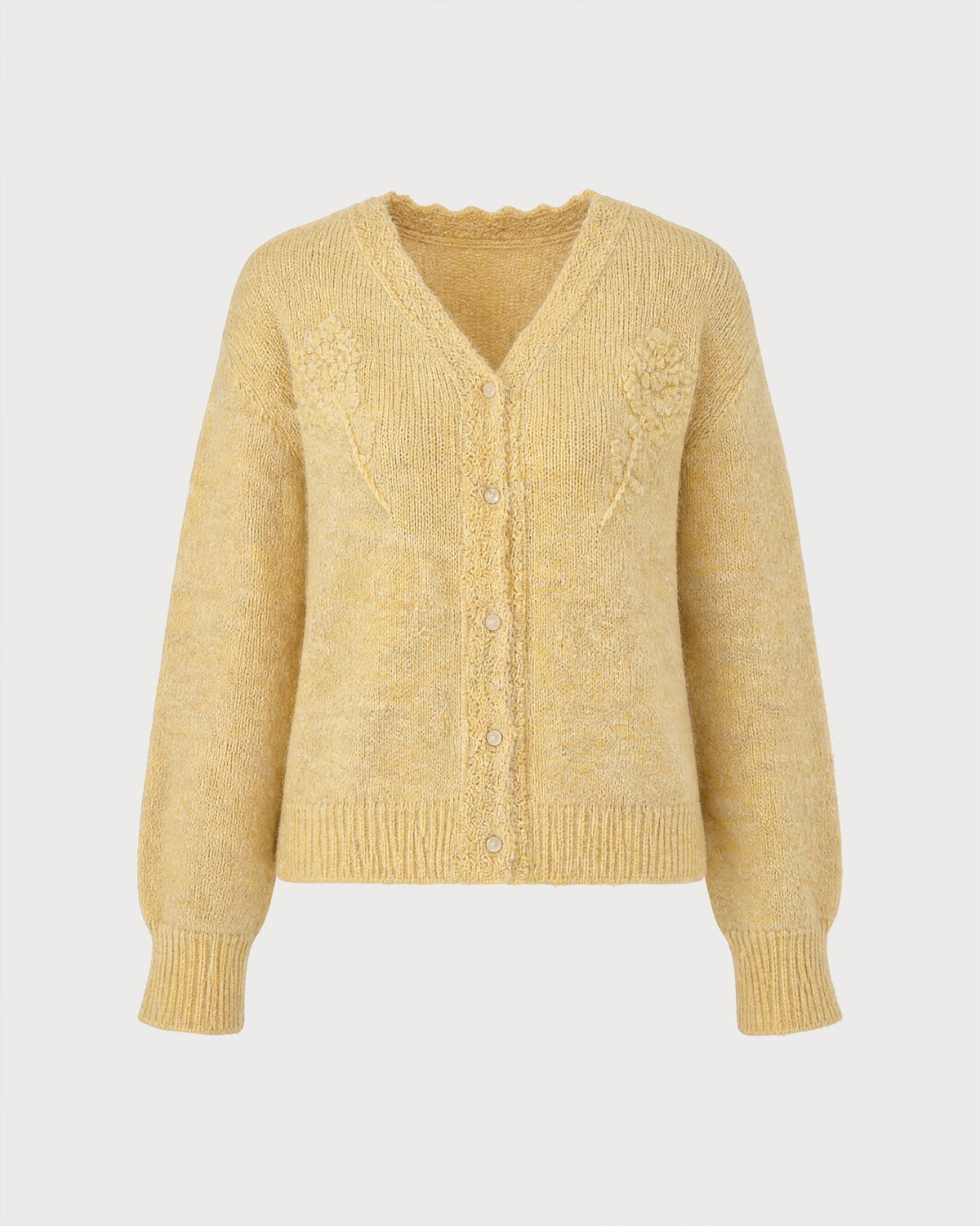 Sarı V Yaka Çiçekli Triko Kazak