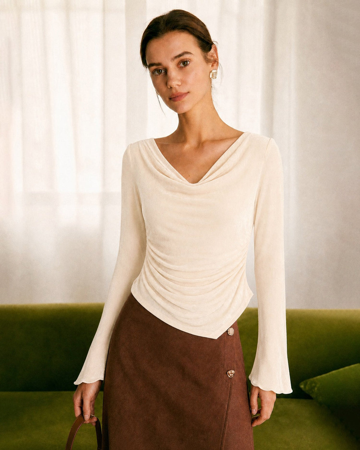 Kayısı Renk Cowl Neck Bell Sleeve Tişört