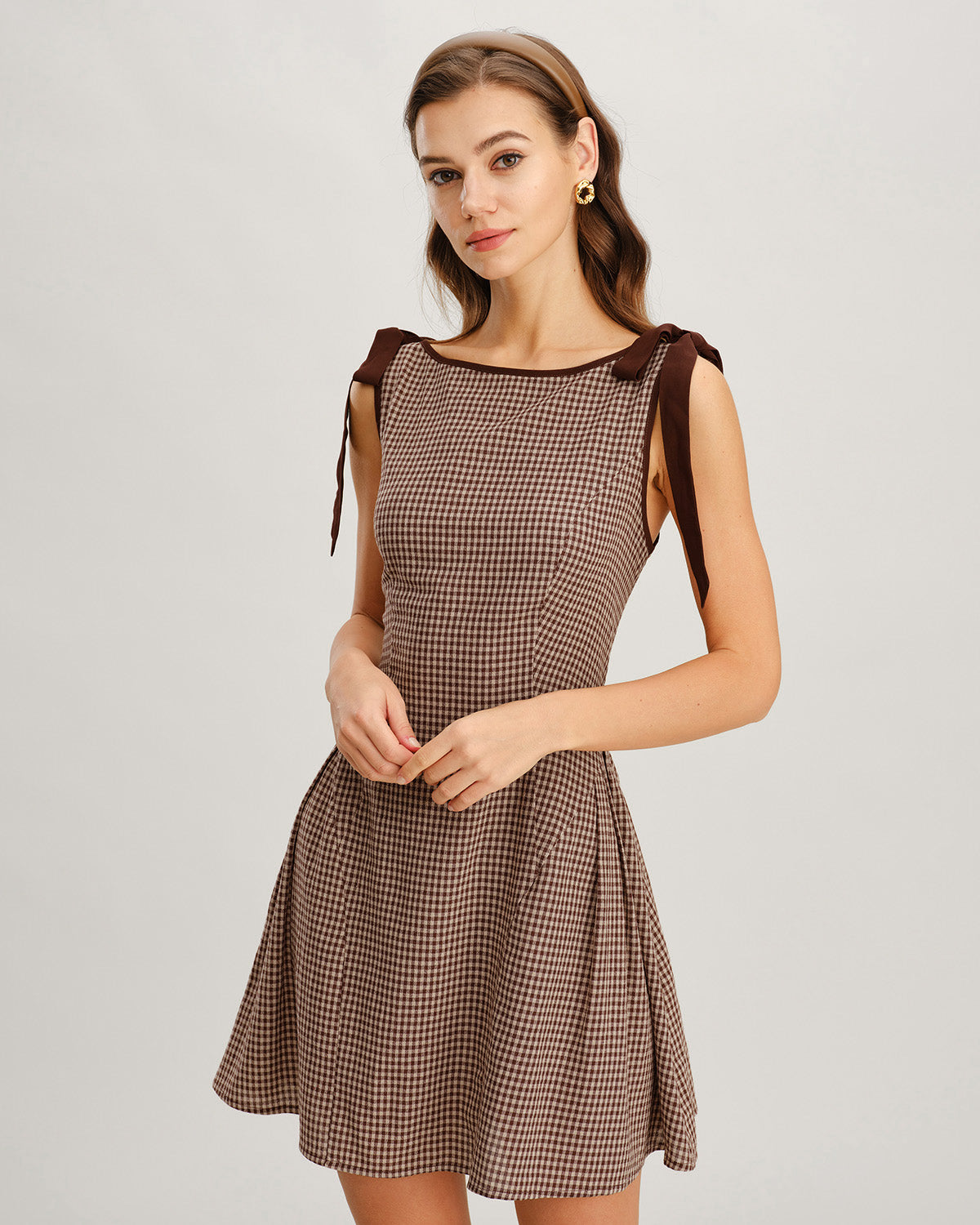 Kahverengi Gingham Askılı Mini Elbise