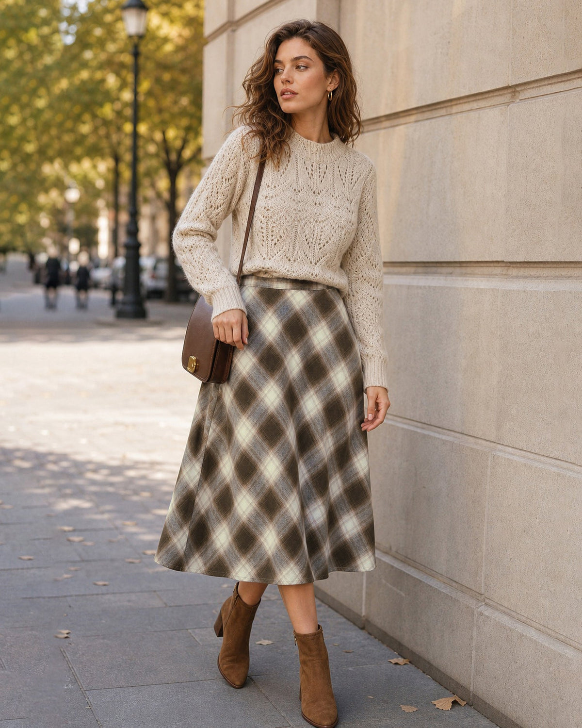 Kahverengi Lastikli Bel Plaid Midi Etek