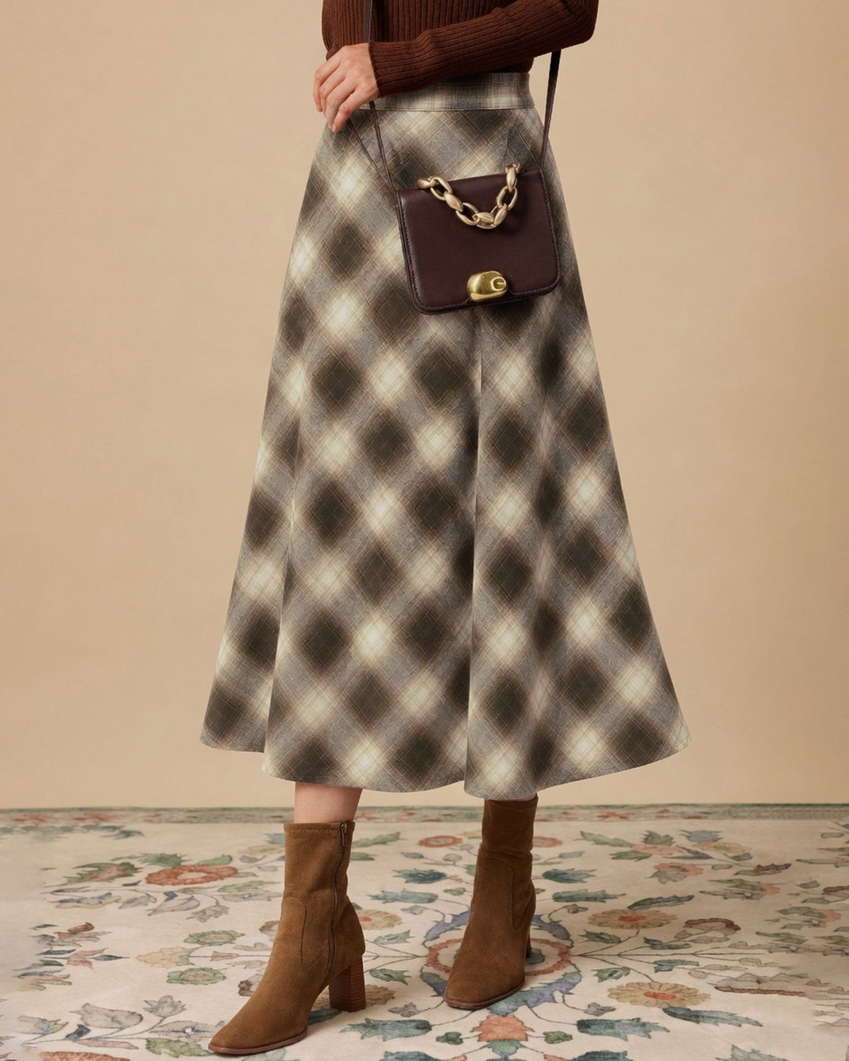 Kahverengi Lastikli Bel Plaid Midi Etek