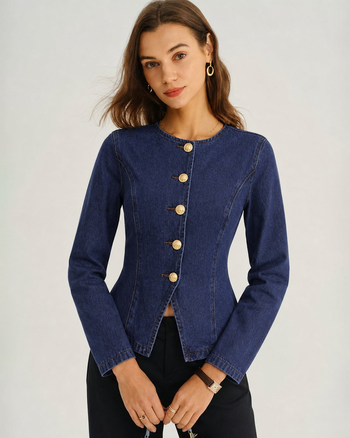 Mavi Düğmeli Yuvarlak Yaka Denim Bluz