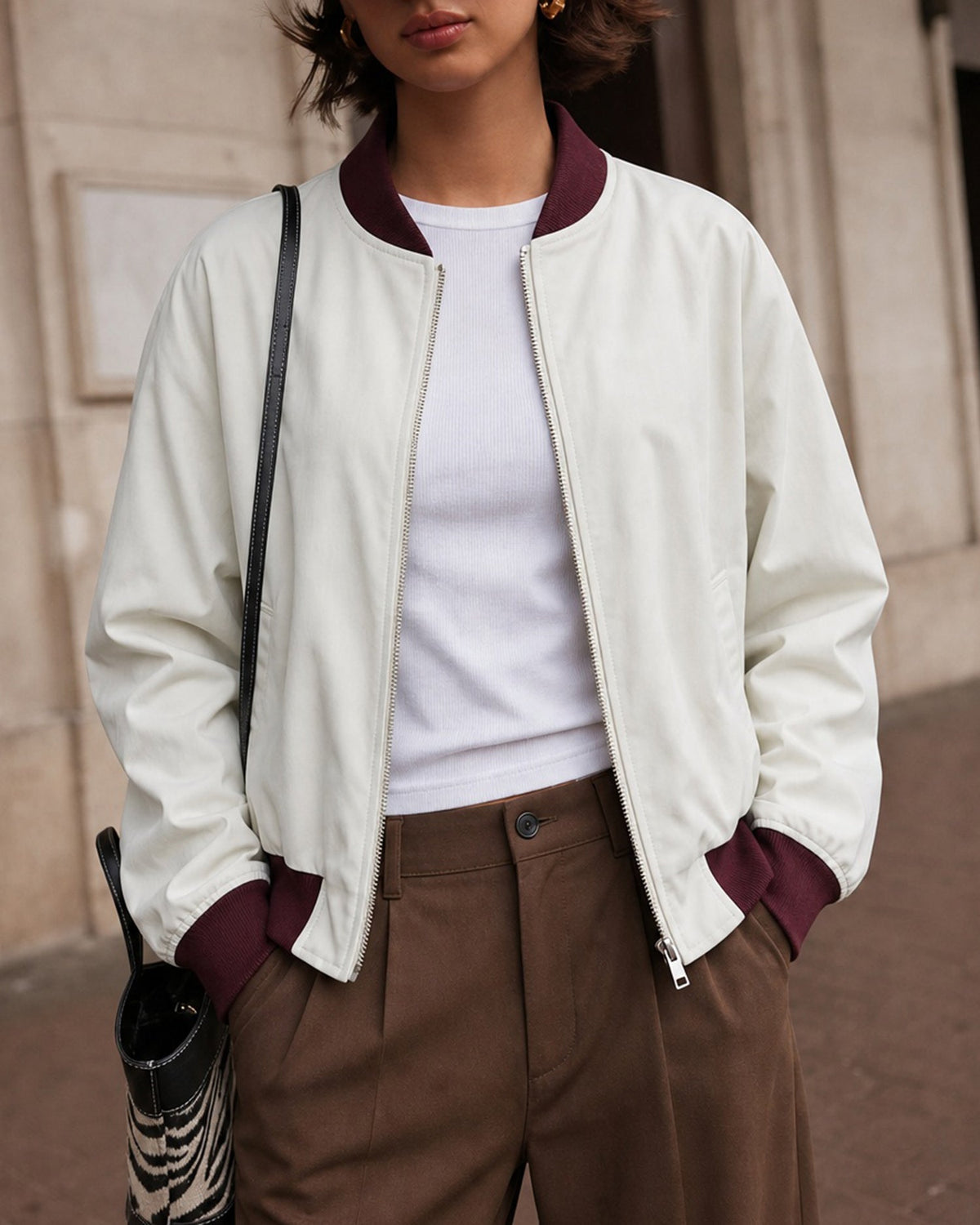 Off White Fermuarlı Cepli Kontrast Ceket