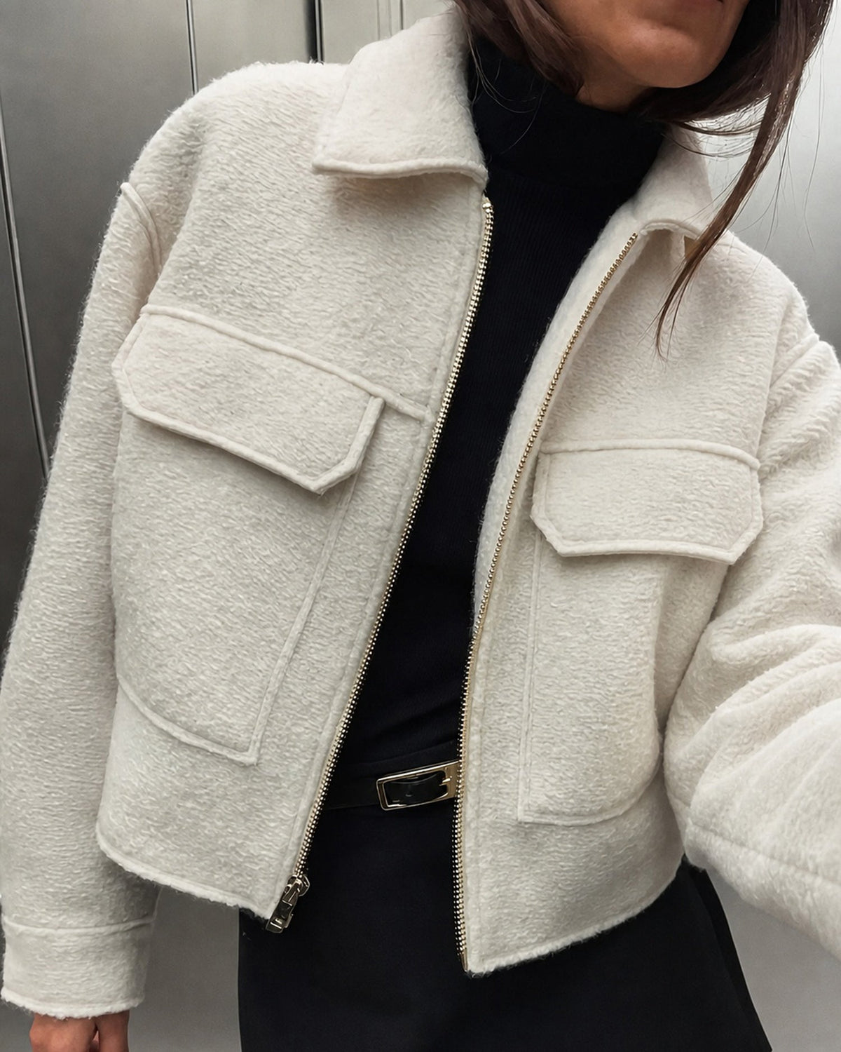 Off White Düz Fermuarlı Cepli Ceket