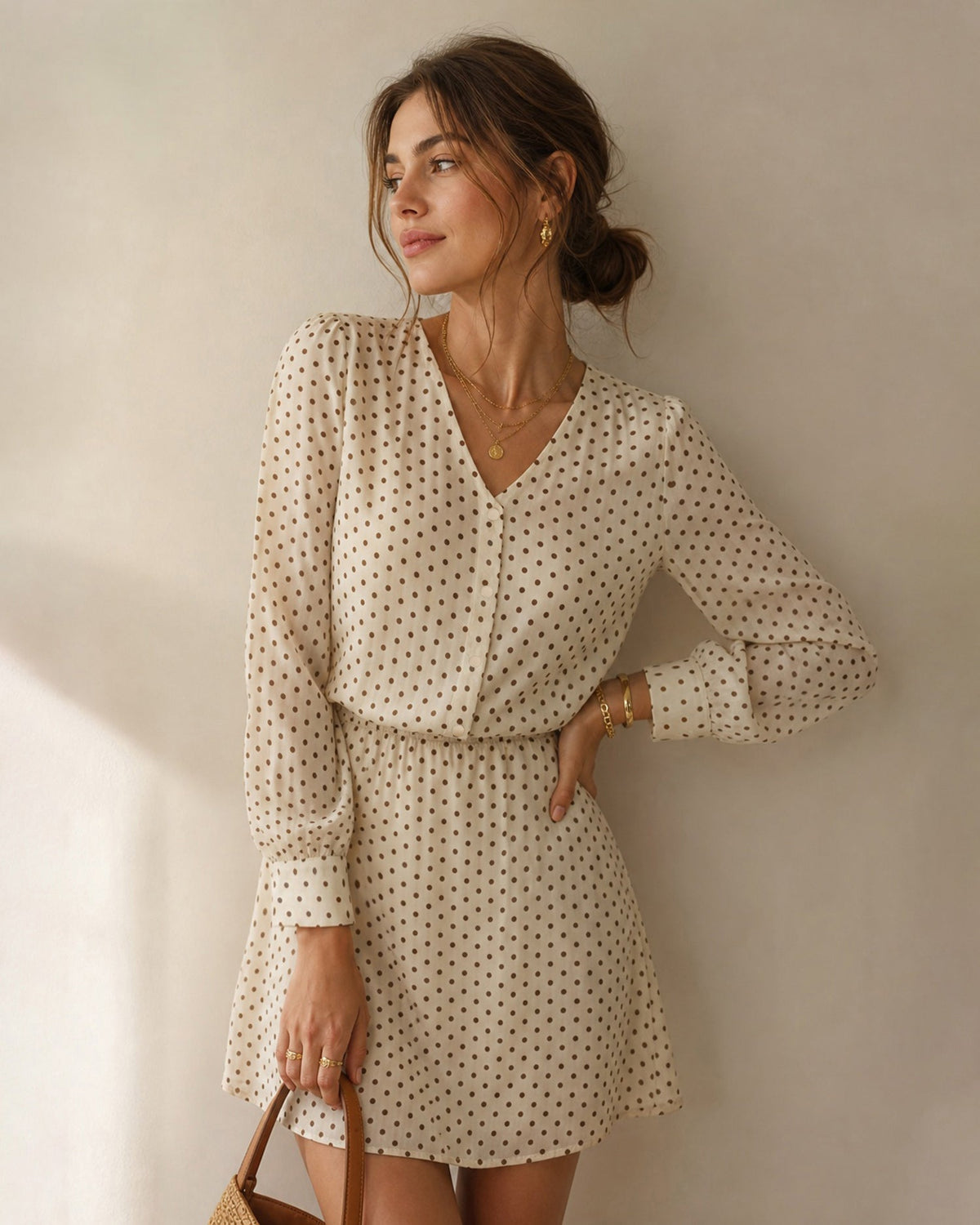 Kayısı V Yaka Puantiye Chiffon Mini Elbise