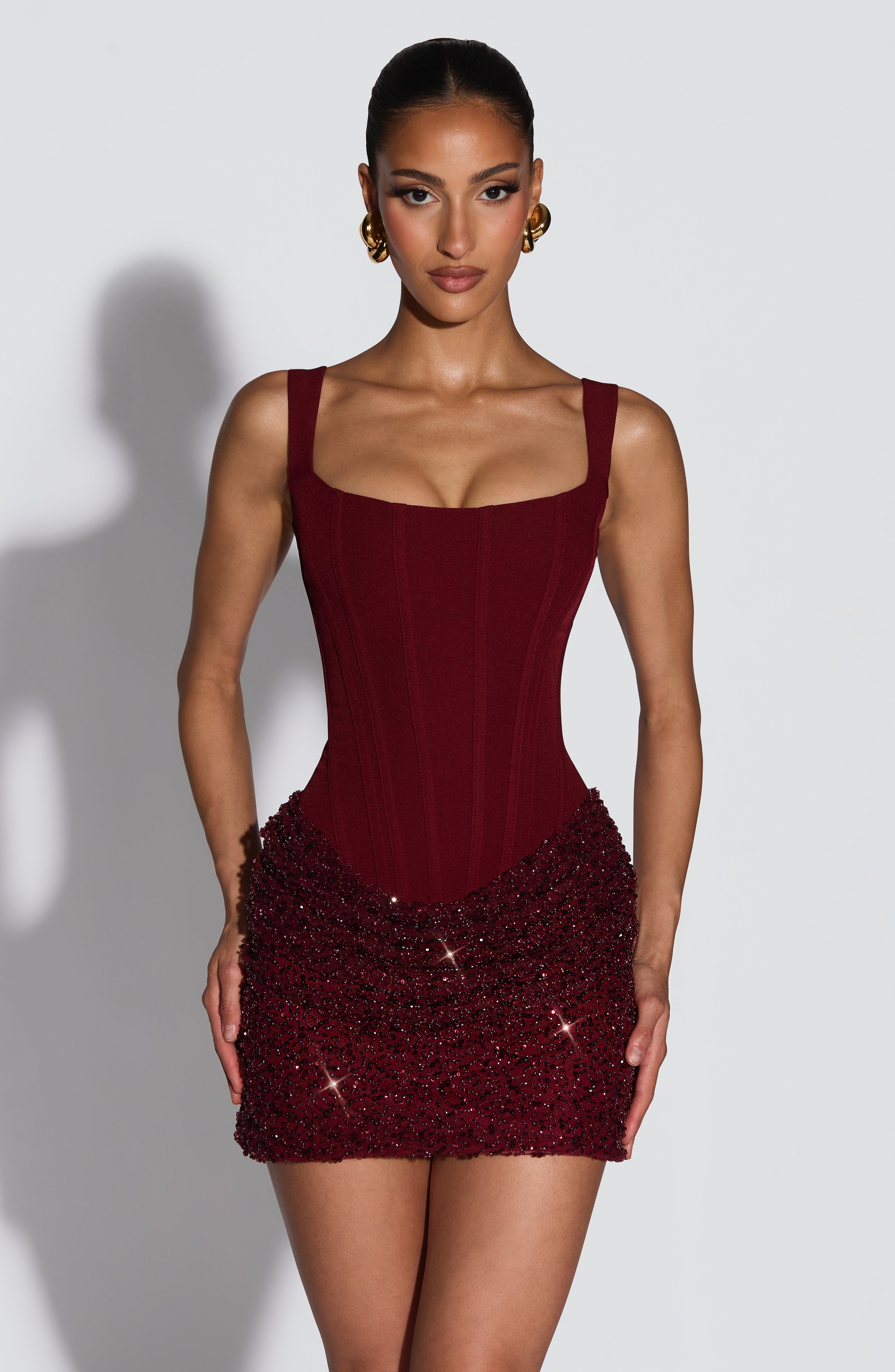 Yeona Bordo Mini Elbise